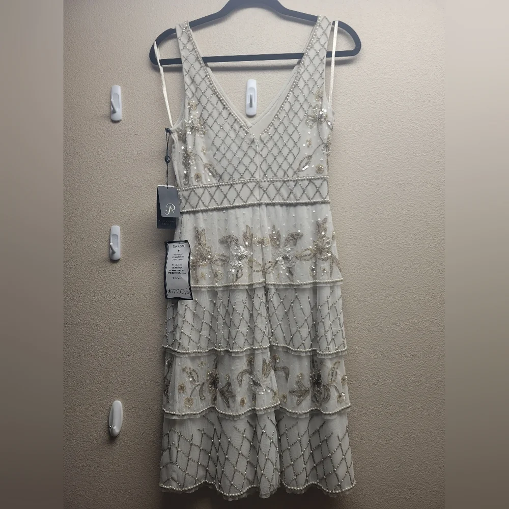 NWT - Adrianna Papell Ivory Tier Beaded Dress - Picture 4 of 7